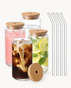 Trinkgläser mit Bambusdeckel & Glasstrohhalm 4er Set 500 ml