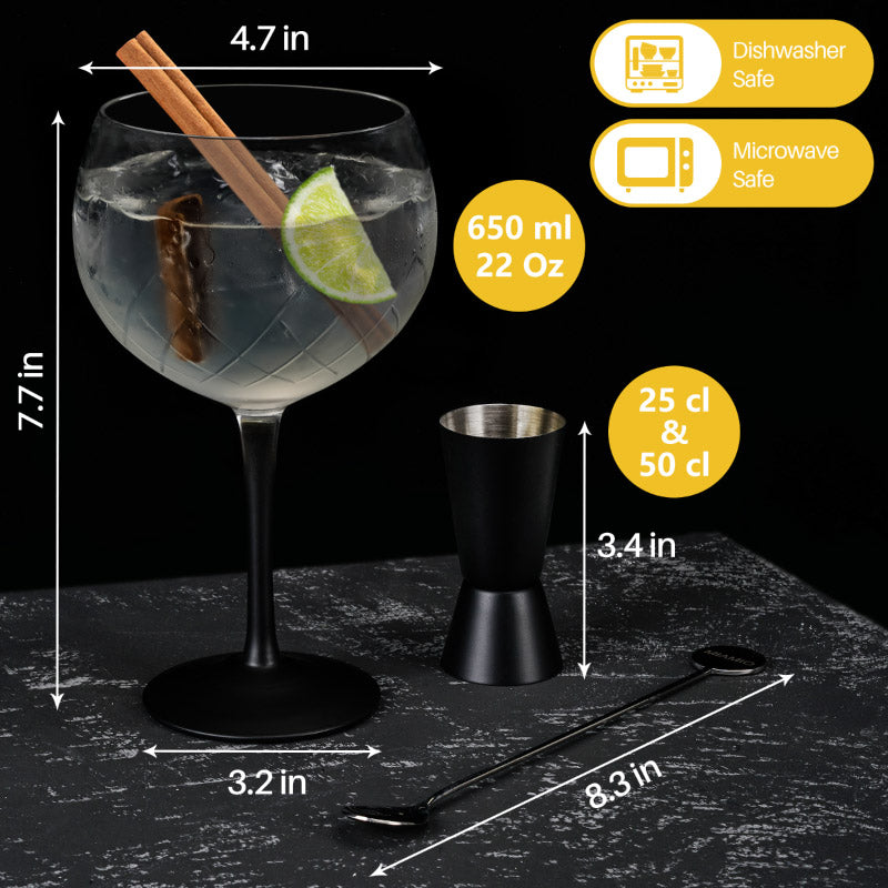 Miamio Gin Gläser Crystaluna 2er Set Glas, mit Messbecher, Rührlöffel und schwarzem Fuß